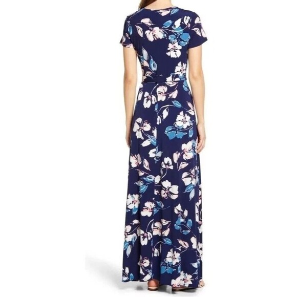 Eliza J Maxi Dress Sz 6 Faux Wrap Long Jersey Stretch Blue Floral Short Sleeve - Picture 15 of 15